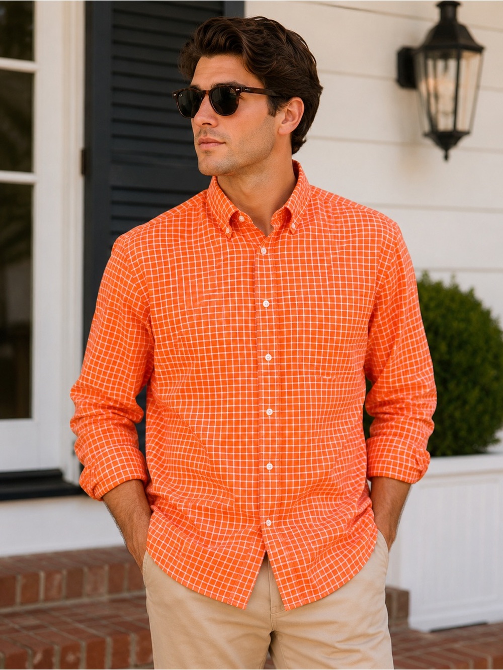 Cremieux Classics Orange White Check Button Down Shirt Large 100% Cotton